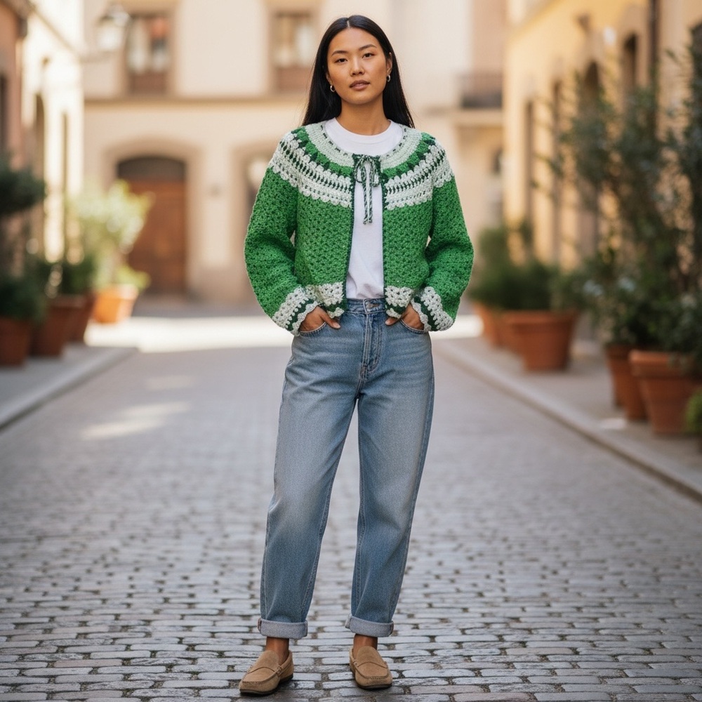 Handcrafted Green Crochet‎ Cardigan Sweater